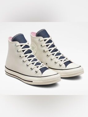 Converse High Top Sneakers in Cream, Navy & Pink size 8.5